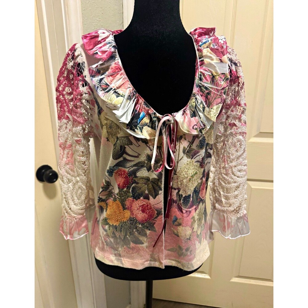 B.L.E.U. Women’s Pink White Floral Sheer Lace V-Neck Tie Blouse 3/4 Sleeve S